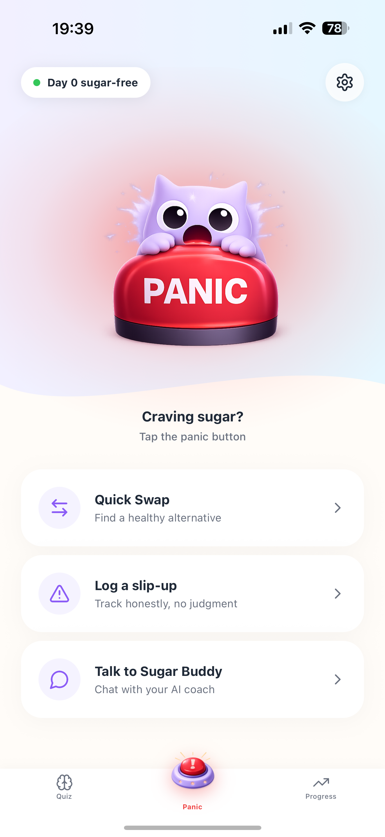 Sugar Panic home screen — tap the Panic Button